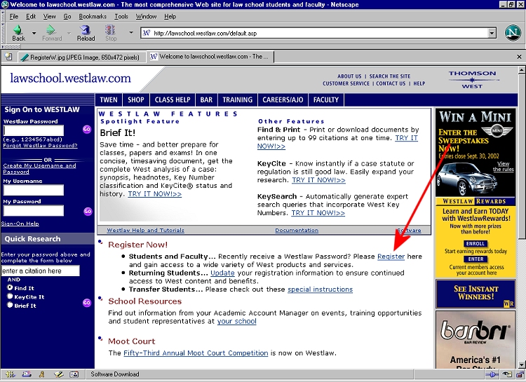Westlaw Log In page.  Select Regster link.