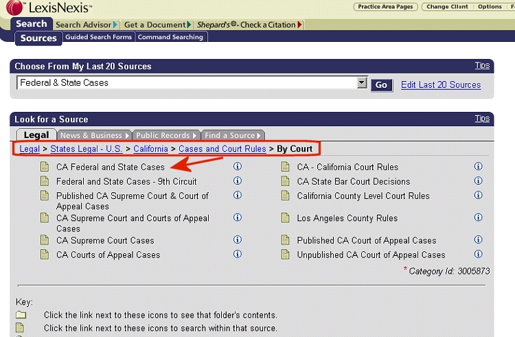 Follow the hierarchy in the directory window on the right.  Select "California" under "Combined State & Federal Cases by State."