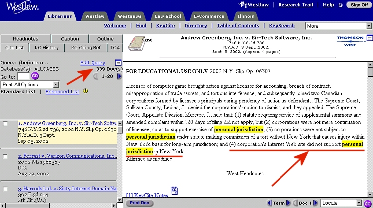 Note on the left navigation bar that there are over three hundred "hits."  The first case, in the document viewer window on the right, appears to be on point.