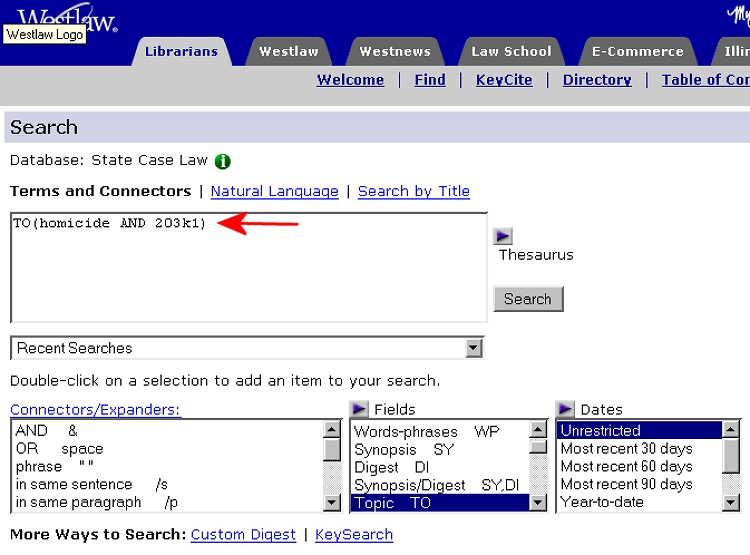 Enter "Homicide AND 203K1" in the Topic Field