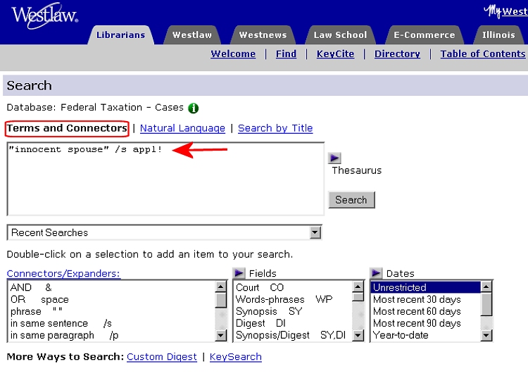 Select "terms & connectors" and enter "innocent spouse" /s (appl!)