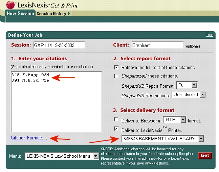 Enter case citations in the appropriate field.  Note the "Citation formats" link and the need to select a printer.