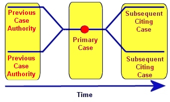 Tree structure (forward and backward in time) highlighting primary case, subsequent cases, and case law authority for the primary case.