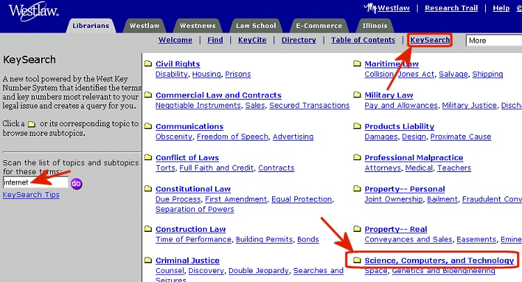 Select "KeySearch" on the top navigation bar.  Either search the query box on the left for the topic or follow the hiearchy links in the right window.