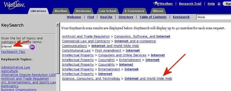 Search results in the right frame show several possibilities for "Internet."