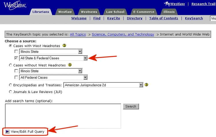 Select the database for "All State & Federal Cases" via the drop-down menue under "Cases with Headnotes."  You can see what terms and topic and key numbers are being search with the link below the edit query box.
