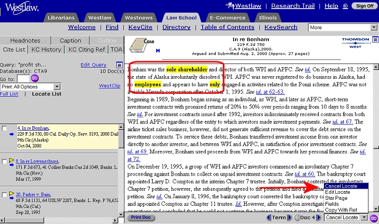 Search terms are highlighted in yellow in the document window.  Only cases with locate terms are listed.